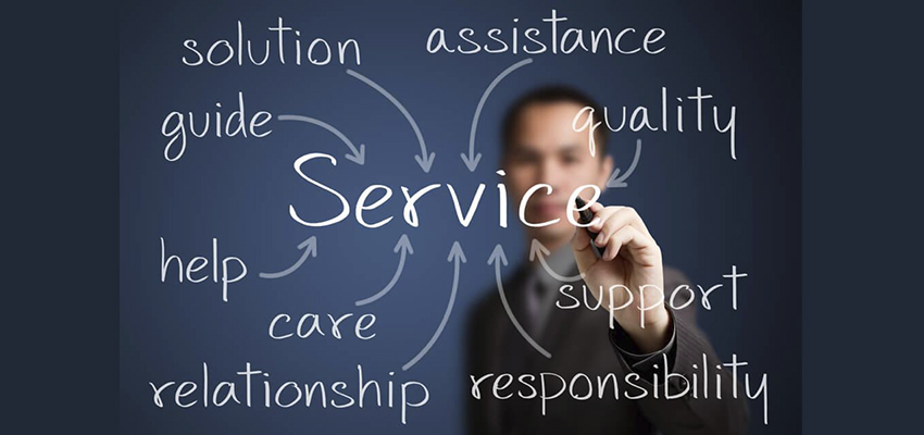 A man in the background with a transparent board in front with the word Service in the center and other words that need to go with Service, such help, care, relationship, responsibility, support, quality, assistance, solution and guide